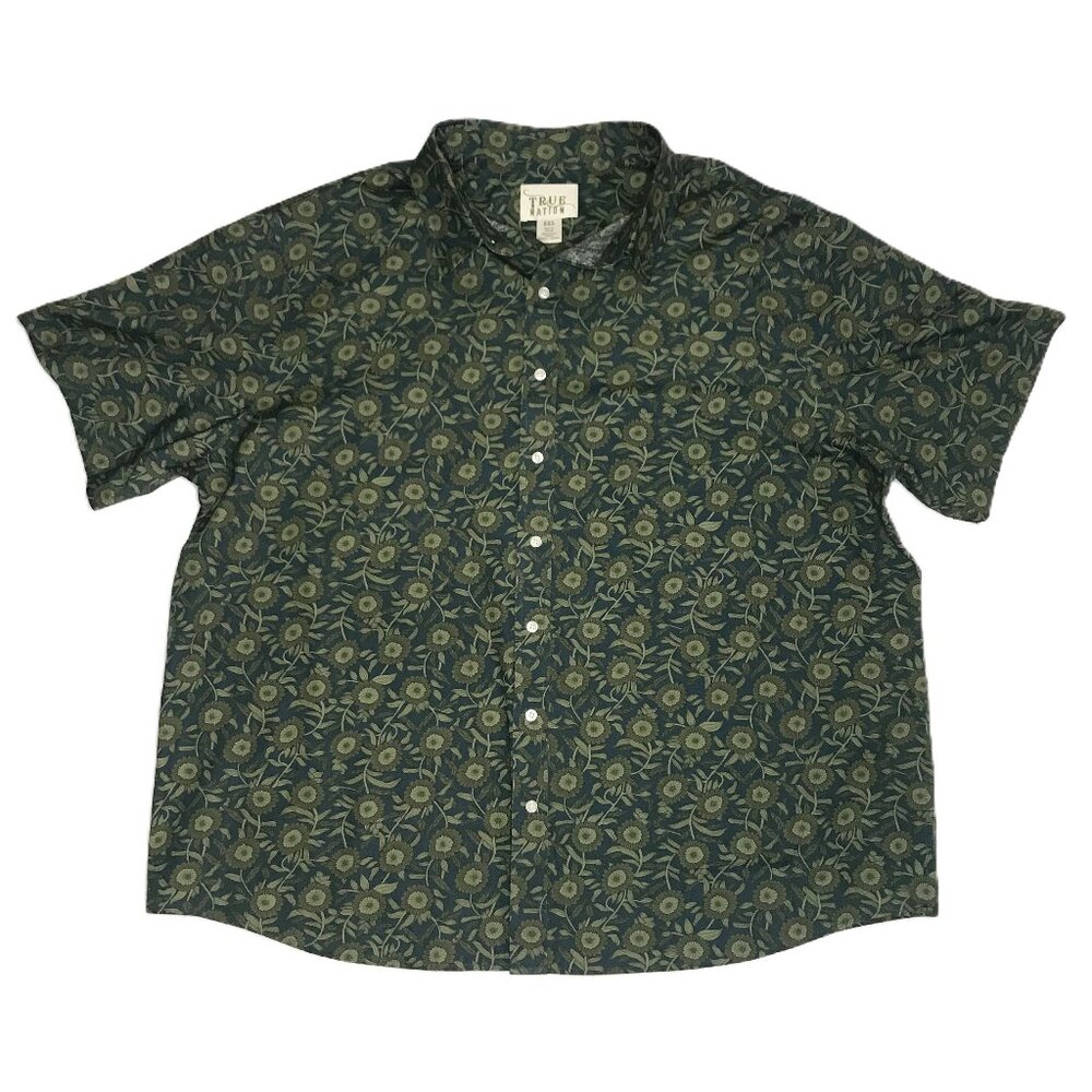 True Nation Men's Short Sleeve Navy Blue & Green Floral Button Up Shirt 2XL EUC